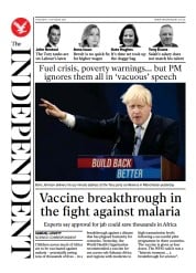 The Independent (UK) Newspaper Front Page for 8 October 2021