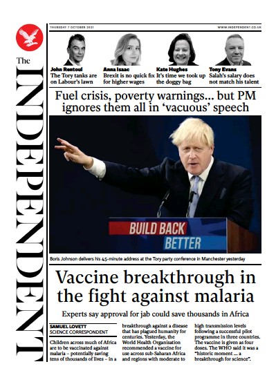 The Independent Newspaper Front Page (UK) for 8 October 2021