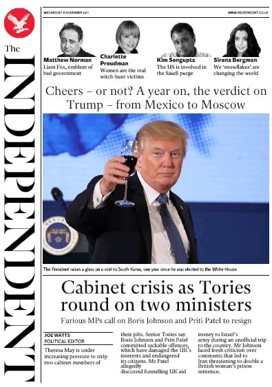 The Independent Newspaper Front Page (UK) for 8 November 2017