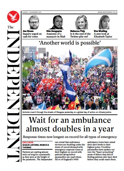 The Independent Newspaper Front Page (UK) for 8 November 2021