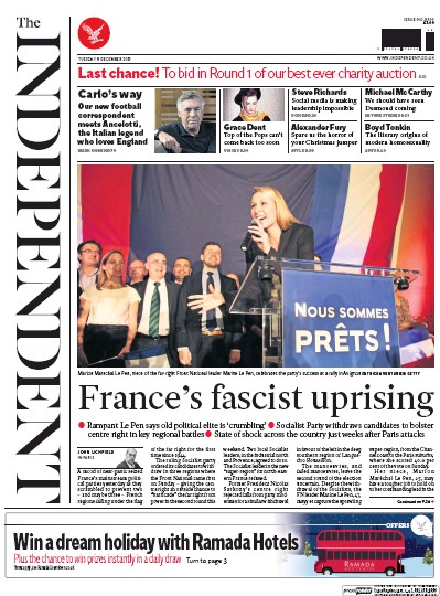 The Independent Newspaper Front Page (UK) for 8 December 2015