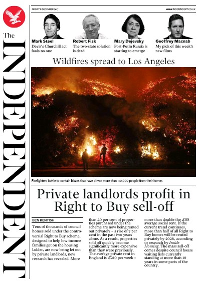 The Independent Newspaper Front Page (UK) for 8 December 2017