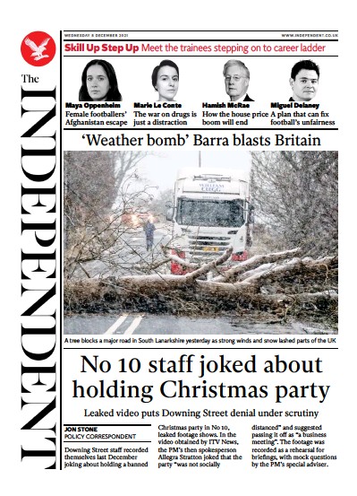 The Independent Newspaper Front Page (UK) for 8 December 2021