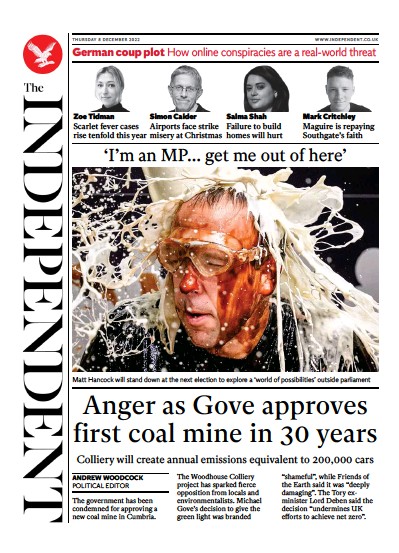 The Independent Newspaper Front Page (UK) for 8 December 2022