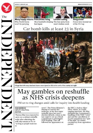 The Independent Newspaper Front Page (UK) for 8 January 2018