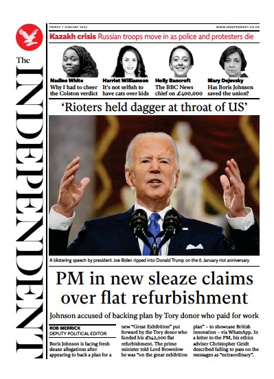 The Independent Newspaper Front Page (UK) for 8 January 2022