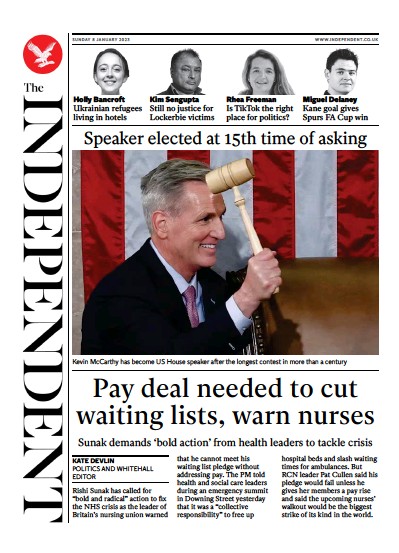 The Independent Newspaper Front Page (UK) for 8 January 2023