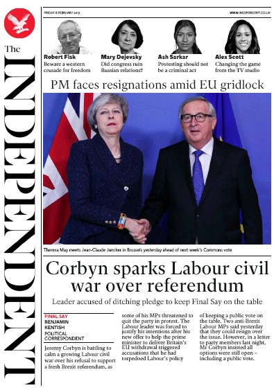 The Independent Newspaper Front Page (UK) for 8 February 2019