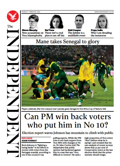 The Independent Newspaper Front Page (UK) for 8 February 2022