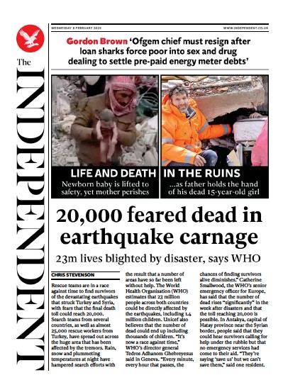 The Independent Newspaper Front Page (UK) for 8 February 2023