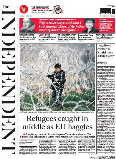 The Independent Newspaper Front Page (UK) for 8 March 2016