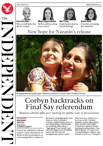 The Independent Newspaper Front Page (UK) for 8 March 2019