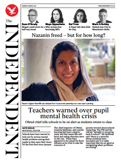 The Independent Newspaper Front Page (UK) for 8 March 2021