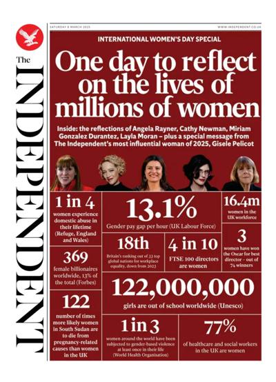 The Independent Newspaper Front Page (UK) for 8 March 2025