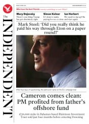The Independent (UK) Newspaper Front Page for 8 April 2016