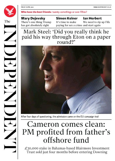 The Independent Newspaper Front Page (UK) for 8 April 2016