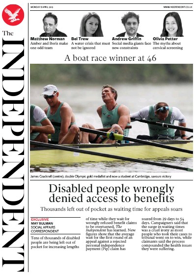 The Independent Newspaper Front Page (UK) for 8 April 2019