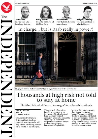 The Independent Newspaper Front Page (UK) for 8 April 2020
