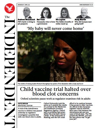The Independent Newspaper Front Page (UK) for 8 April 2021