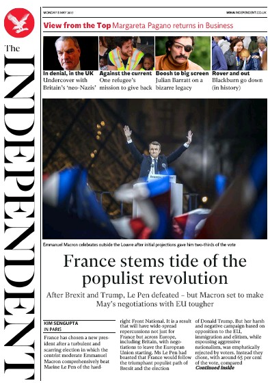 The Independent Newspaper Front Page (UK) for 8 May 2017