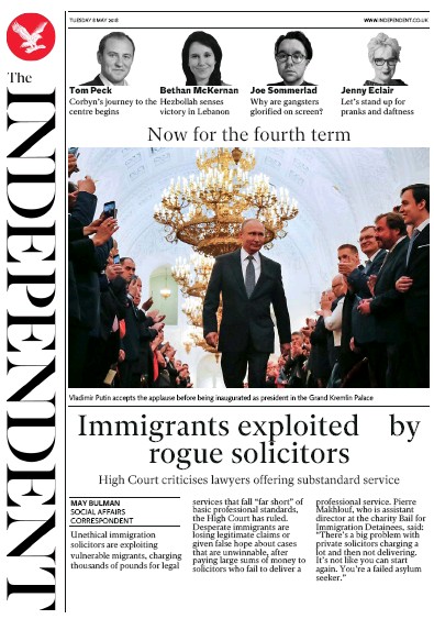 The Independent Newspaper Front Page (UK) for 8 May 2018