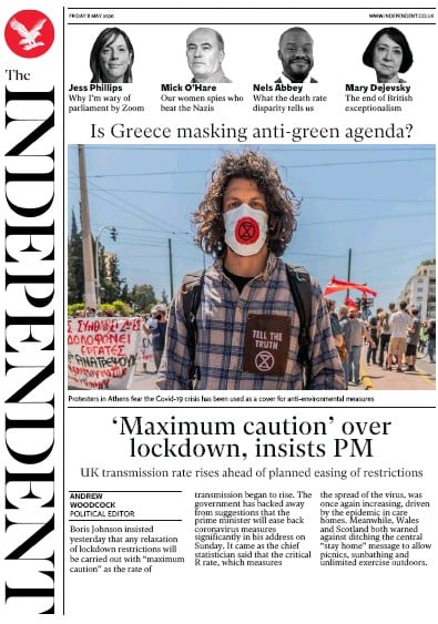 The Independent Newspaper Front Page (UK) for 8 May 2020