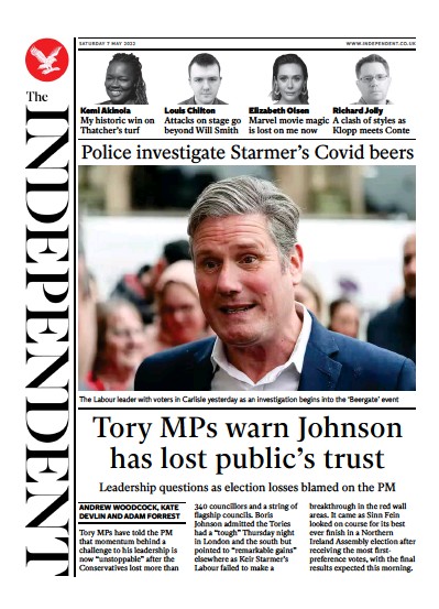 The Independent Newspaper Front Page (UK) for 8 May 2022