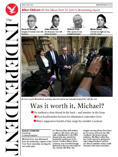 The Independent Newspaper Front Page (UK) for 8 July 2016