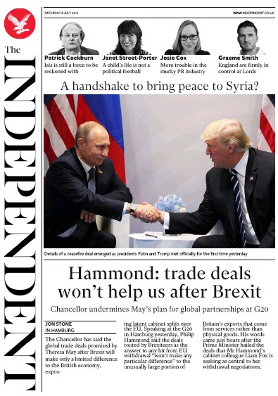 The Independent Newspaper Front Page (UK) for 8 July 2017