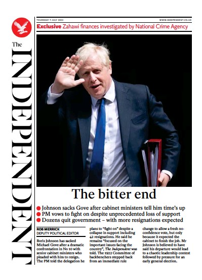 The Independent Newspaper Front Page (UK) for 8 July 2022