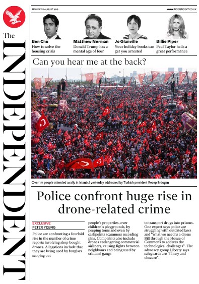 The Independent Newspaper Front Page (UK) for 8 August 2016