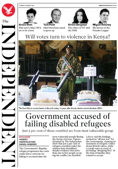 The Independent Newspaper Front Page (UK) for 8 August 2017