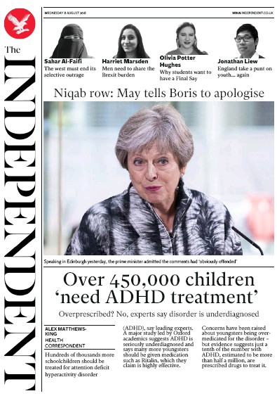 The Independent Newspaper Front Page (UK) for 8 August 2018