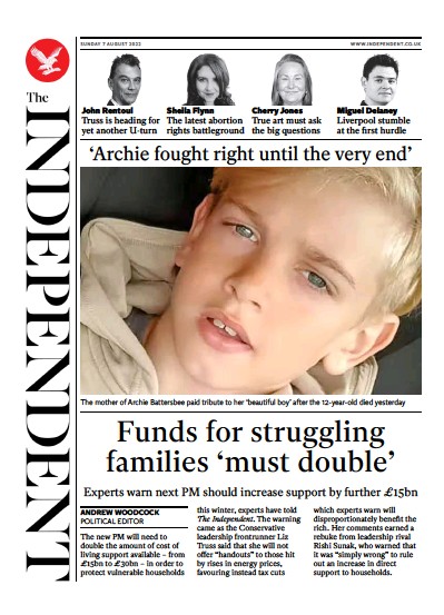 The Independent Newspaper Front Page (UK) for 8 August 2022