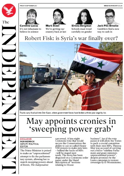 The Independent Newspaper Front Page (UK) for 8 September 2017