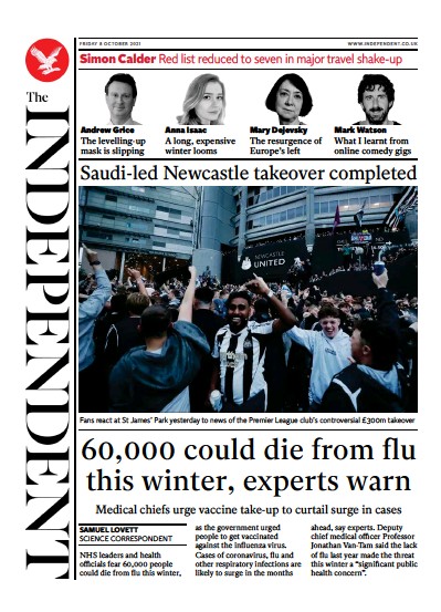 The Independent Newspaper Front Page (UK) for 9 October 2021