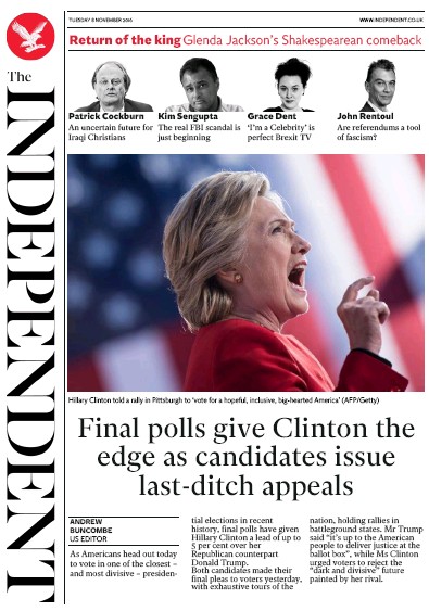 The Independent Newspaper Front Page (UK) for 9 November 2016