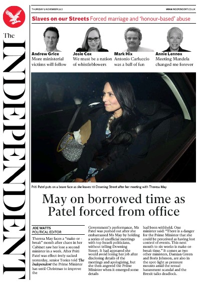 The Independent Newspaper Front Page (UK) for 9 November 2017