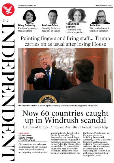 The Independent Newspaper Front Page (UK) for 9 November 2018