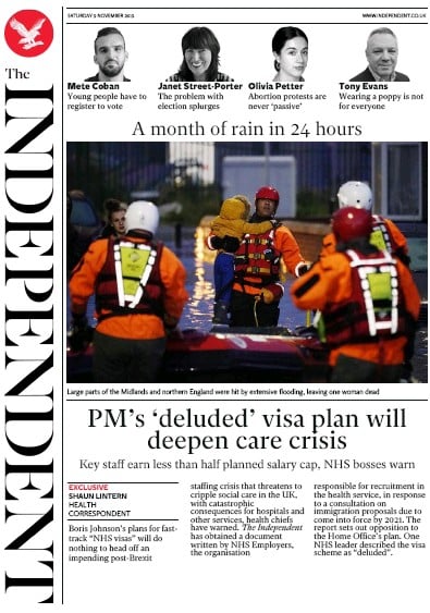 The Independent Newspaper Front Page (UK) for 9 November 2019