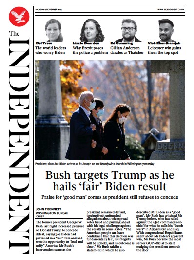 The Independent Newspaper Front Page (UK) for 9 November 2020
