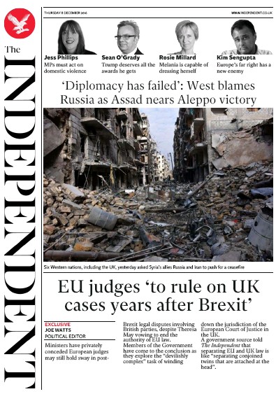 The Independent Newspaper Front Page (UK) for 9 December 2016
