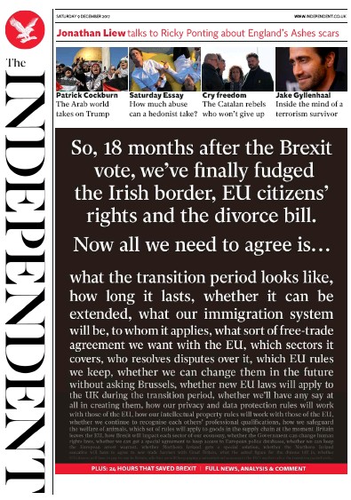 The Independent Newspaper Front Page (UK) for 9 December 2017