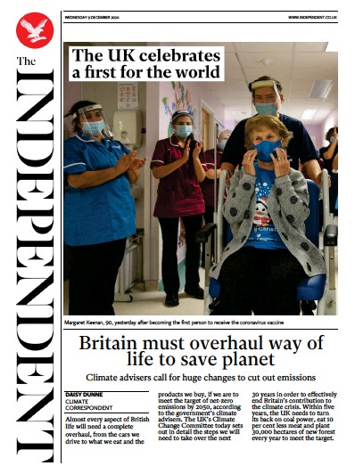 The Independent Newspaper Front Page (UK) for 9 December 2020