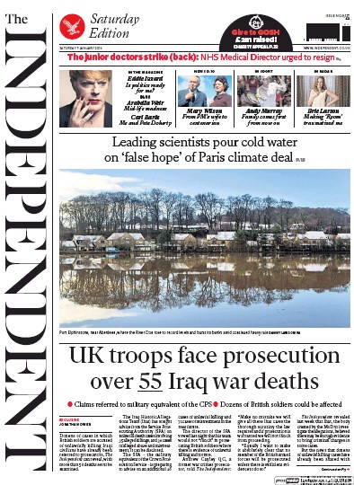The Independent Newspaper Front Page (UK) for 9 January 2016