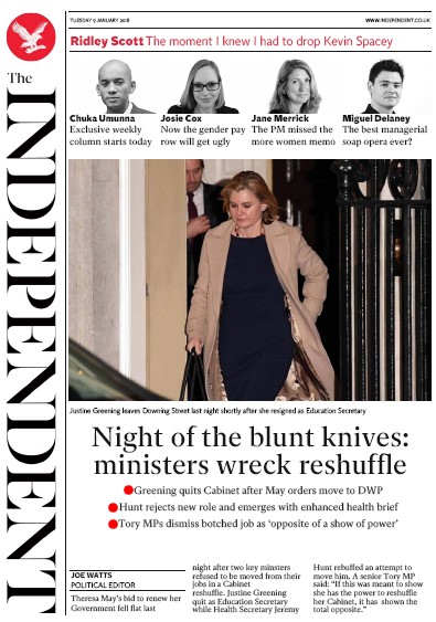 The Independent Newspaper Front Page (UK) for 9 January 2018