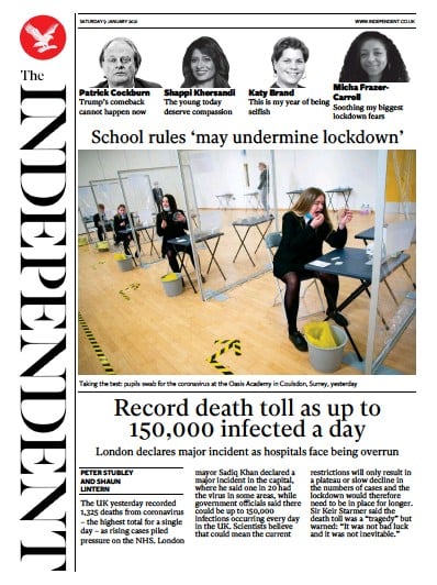 The Independent Newspaper Front Page (UK) for 9 January 2021