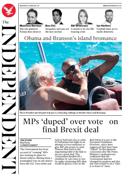The Independent Newspaper Front Page (UK) for 9 February 2017