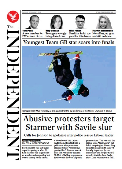 The Independent Newspaper Front Page (UK) for 9 February 2022
