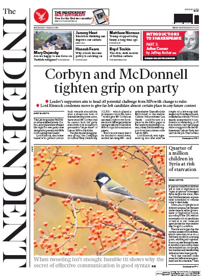 The Independent Newspaper Front Page (UK) for 9 March 2016